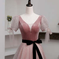 Pink Formal Dresses,A-Line Pink Tulle Velvet Long Prom Dress - Thumbnail 2