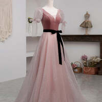 Pink Formal Dresses,A-Line Pink Tulle Velvet Long Prom Dress - Thumbnail 3