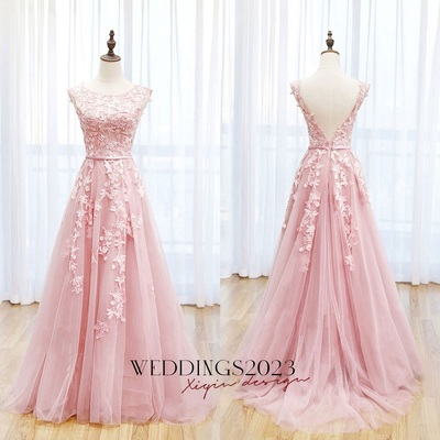 Pink tulle a-line scoop lace prom dresses with train, long formal dresses