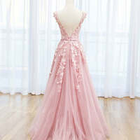 Pink Tulle A-line Scoop Lace Prom Dresses With Train, Long Formal Dresses - Thumbnail 1