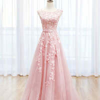 Pink Tulle A-line Scoop Lace Prom Dresses With Train, Long Formal Dresses - Thumbnail 2