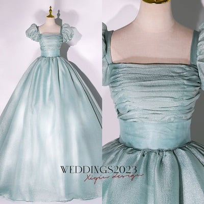 Classic puff sleeve ball gown debut dress,unique green tulle long prom gown, green tulle sweet 16 dress