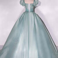 Classic Puff Sleeve Ball Gown Debut Dress,Unique green tulle long prom gown, green tulle sweet 16 dress - Thumbnail 2