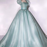 Classic Puff Sleeve Ball Gown Debut Dress,Unique green tulle long prom gown, green tulle sweet 16 dress - Thumbnail 3