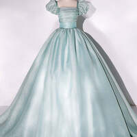 Classic Puff Sleeve Ball Gown Debut Dress,Unique green tulle long prom gown, green tulle sweet 16 dress - Thumbnail 1