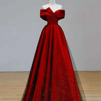 Burgundy Formal Dresses,Off Shoulder Sweetheart Satin Long Party Dress, A-line Floor Length Prom Dress - Thumbnail 1