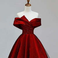 Burgundy Formal Dresses,Off Shoulder Sweetheart Satin Long Party Dress, A-line Floor Length Prom Dress - Thumbnail 3