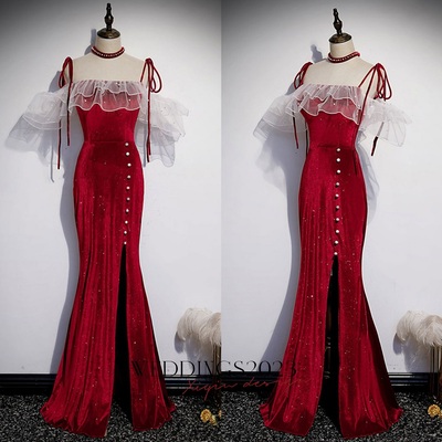 Burgundy Mermaid Velvet Spaghetti Straps Prom Dress with Split