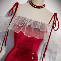 Burgundy Mermaid Velvet Spaghetti Straps Prom Dress with Split - Thumbnail 4