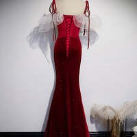 Burgundy Mermaid Velvet Spaghetti Straps Prom Dress with Split - Thumbnail 3