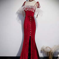 Burgundy Mermaid Velvet Spaghetti Straps Prom Dress with Split - Thumbnail 2