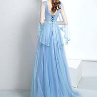 Elegant Pool Blue Evening Dresses A-Line / Princess V-Neck Long Sleeve Appliques Lace Sequins Beading Sweep Train Ruffle Backless Formal Dresses - Thumbnail 3