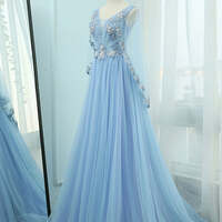 Elegant Pool Blue Evening Dresses A-Line / Princess V-Neck Long Sleeve Appliques Lace Sequins Beading Sweep Train Ruffle Backless Formal Dresses - Thumbnail 2