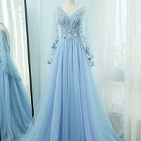 Elegant Pool Blue Evening Dresses A-Line / Princess V-Neck Long Sleeve Appliques Lace Sequins Beading Sweep Train Ruffle Backless Formal Dresses - Thumbnail 1