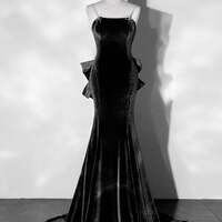 Navy Blue Velvet Long Evening Dress,Mermaid Velvet Blue Long Prom Dresses - Thumbnail 6