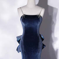 Navy Blue Velvet Long Evening Dress,Mermaid Velvet Blue Long Prom Dresses - Thumbnail 3