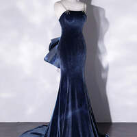 Navy Blue Velvet Long Evening Dress,Mermaid Velvet Blue Long Prom Dresses - Thumbnail 4