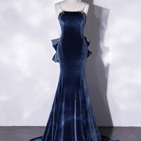 Navy Blue Velvet Long Evening Dress,Mermaid Velvet Blue Long Prom Dresses - Thumbnail 1