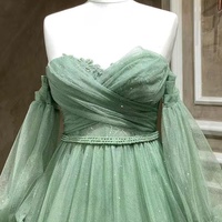 Light Green Ruched A-line Off The Shoulder Long Party Dress Prom Dress with Long Sleeves - Thumbnail 2
