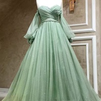 Light Green Ruched A-line Off The Shoulder Long Party Dress Prom Dress with Long Sleeves - Thumbnail 1