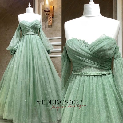 Light Green Ruched A-line Off The Shoulder Long Party Dress Prom Dress with Long Sleeves