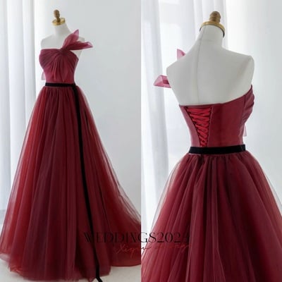 Burgundy sash prom dresses a-line / princess strapless sleeveless backless sweep train formal dresses