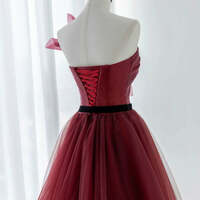 Burgundy Sash Prom Dresses A-Line / Princess Strapless Sleeveless Backless Sweep Train Formal Dresses - Thumbnail 2