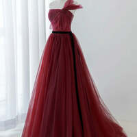 Burgundy Sash Prom Dresses A-Line / Princess Strapless Sleeveless Backless Sweep Train Formal Dresses - Thumbnail 1