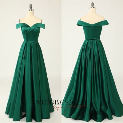 Women's green off shoulder sexy satin long prom dresses a-line button high slit formal evening dresses