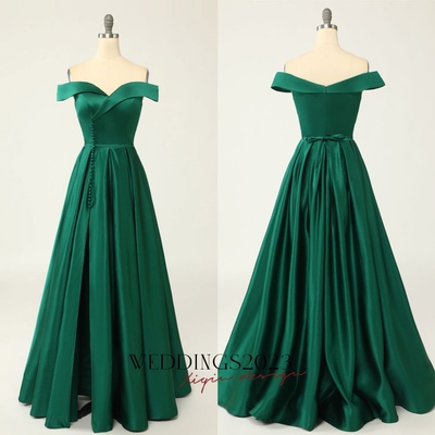 Women's Green Off Shoulder Sexy Satin Long Prom Dresses A-Line Button High Slit Formal Evening Dresses