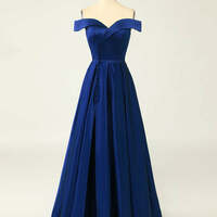 Women's Green Off Shoulder Sexy Satin Long Prom Dresses A-Line Button High Slit Formal Evening Dresses - Thumbnail 4