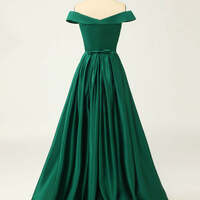 Women's Green Off Shoulder Sexy Satin Long Prom Dresses A-Line Button High Slit Formal Evening Dresses - Thumbnail 2