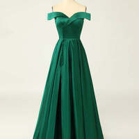 Women's Green Off Shoulder Sexy Satin Long Prom Dresses A-Line Button High Slit Formal Evening Dresses - Thumbnail 1