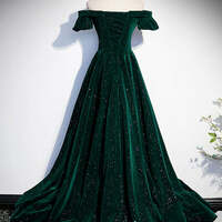 V Neck Off Shoulder Green/Black/Burgundy Velvet Long Prom Dresses, Green/Black/Burgundy Velvet Formal Graduation Evening Dresses - Thumbnail 2