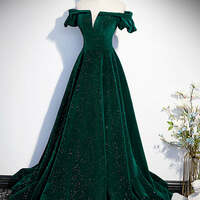 V Neck Off Shoulder Green/Black/Burgundy Velvet Long Prom Dresses, Green/Black/Burgundy Velvet Formal Graduation Evening Dresses - Thumbnail 1