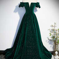 V Neck Off Shoulder Green/Black/Burgundy Velvet Long Prom Dresses, Green/Black/Burgundy Velvet Formal Graduation Evening Dresses - Thumbnail 4