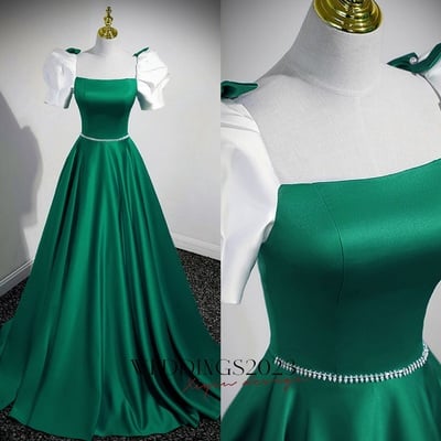 Emerald green square neck a-line maxi prom dress,green a-line formal dresses