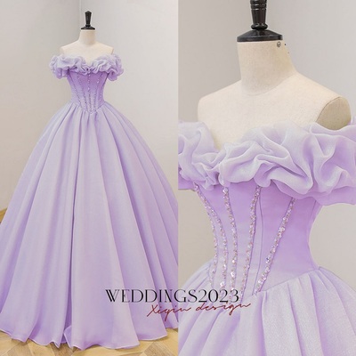 Lilac Organza A Line Strapless  Long Prom Dresses, Long Lilac Formal Graduation Evening Dresses