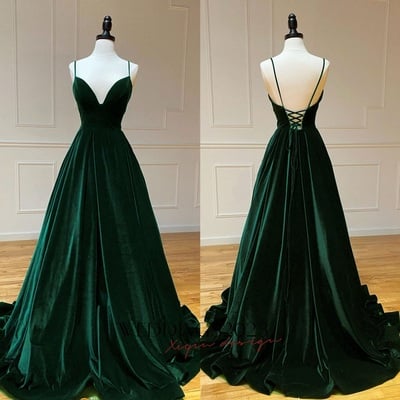 Simple Velvet Spaghetti Strap Green Ball Gown Prom Dress