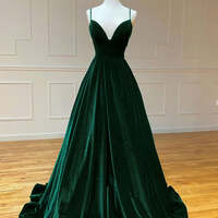 Simple Velvet Spaghetti Strap Green Ball Gown Prom Dress - Thumbnail 1