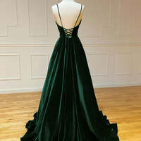 Simple Velvet Spaghetti Strap Green Ball Gown Prom Dress - Thumbnail 2