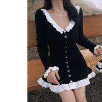 Black Hepburn style long-sleeved dress temperament hip skirt - Thumbnail 4