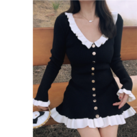Black Hepburn style long-sleeved dress temperament hip skirt - Thumbnail 5