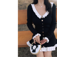 Black Hepburn style long-sleeved dress temperament hip skirt - Thumbnail 7