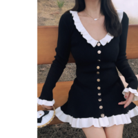 Black Hepburn style long-sleeved dress temperament hip skirt - Thumbnail 8