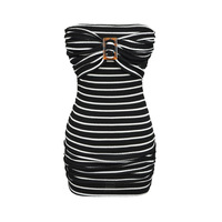 Striped suspender dress with bow tie on the chest - Thumbnail 1