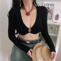 Ultra-deep V metal ring long-sleeved T-shirt - Thumbnail 2