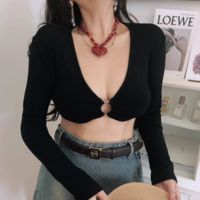 Ultra-deep V metal ring long-sleeved T-shirt - Thumbnail 5