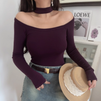 halterneck long-sleeved sexy bottoming top - Thumbnail 1