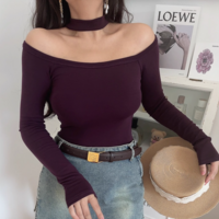 halterneck long-sleeved sexy bottoming top - Thumbnail 4